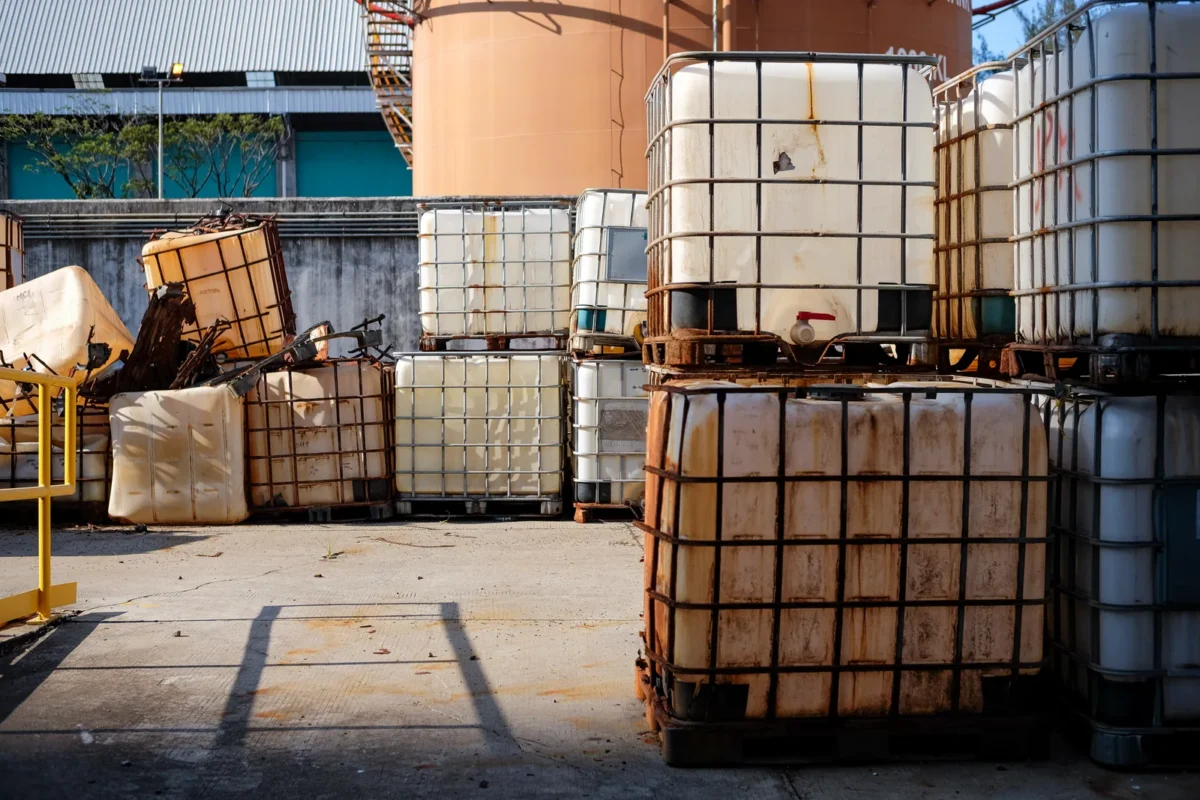 Used intermediate bulk containers in an industrial storage yard.