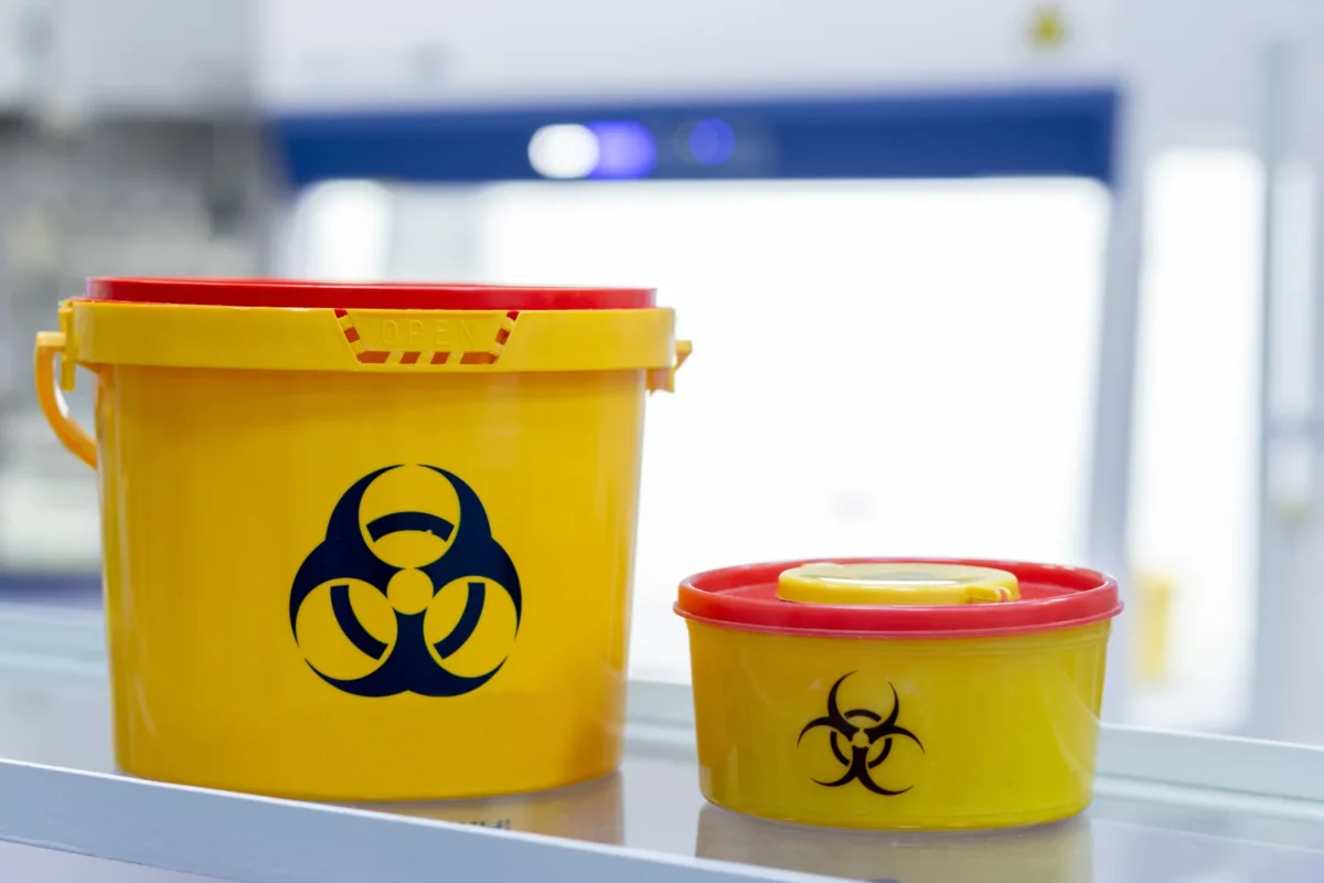 Two closed yellow clinical-waste containers on a laboratory shelf.