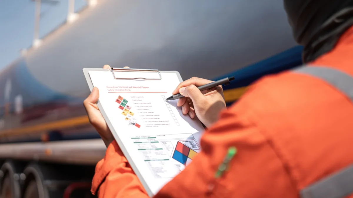 Checking hazardous-material records beside a tanker.