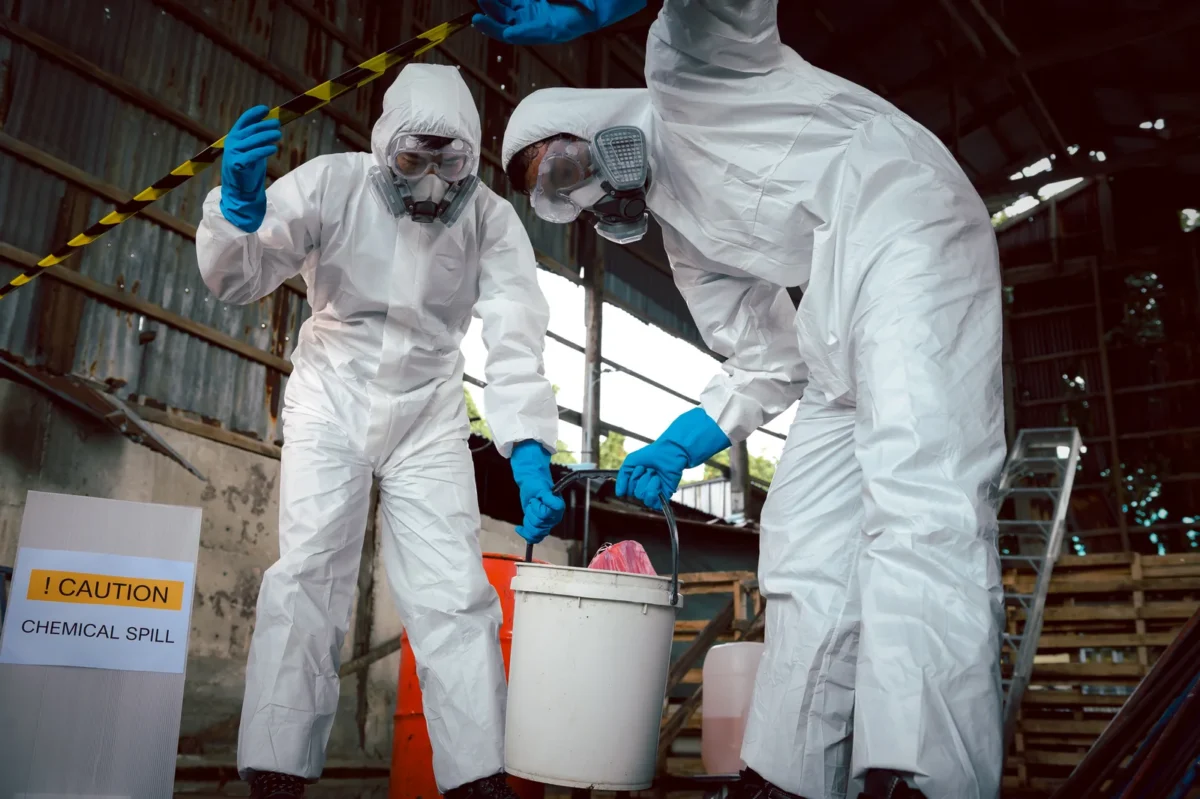 Workers in protective coveralls and respirators handling chemical-spill cleanup equipment.