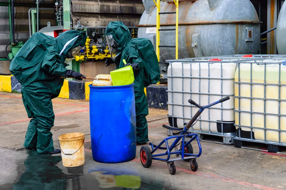 A response team in protective suits handling containers in an industrial spill area.