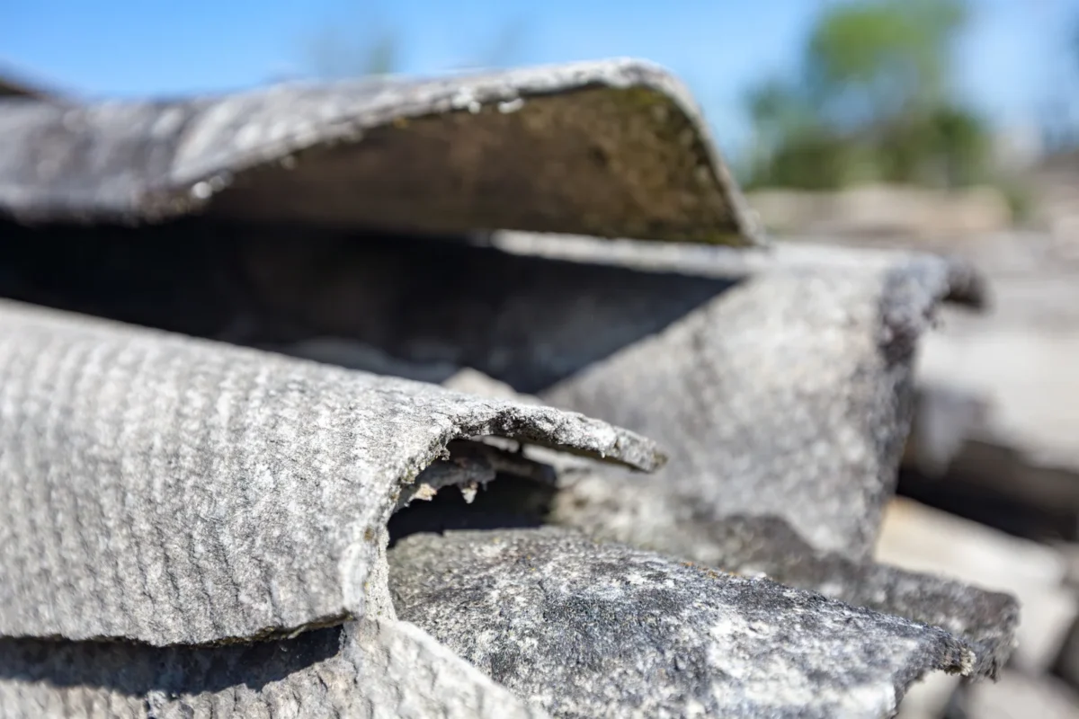 Broken asbestos-cement material showing its fibrous edges.