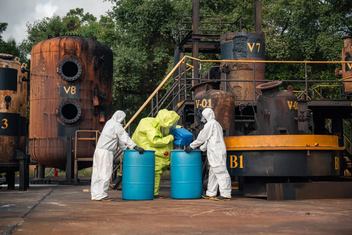 A hazardous-materials response exercise using drums at an industrial facility.