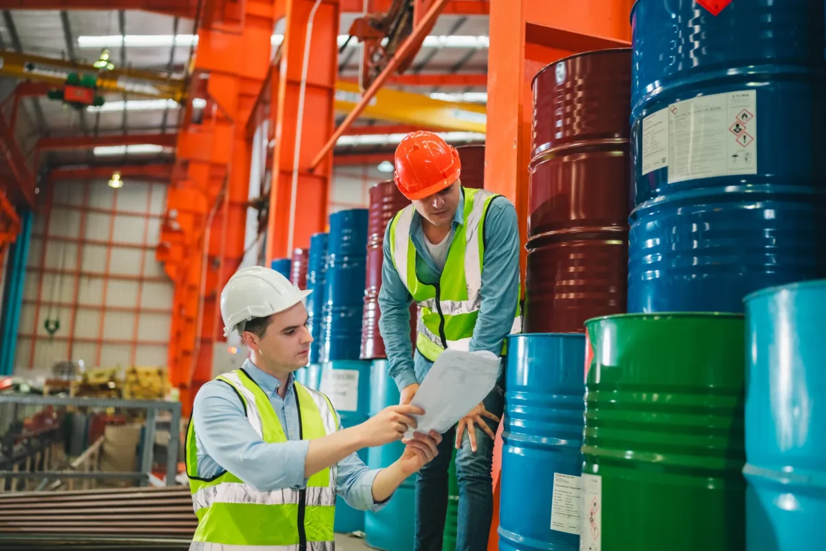 Checking liquid-storage drums and records in an industrial warehouse.